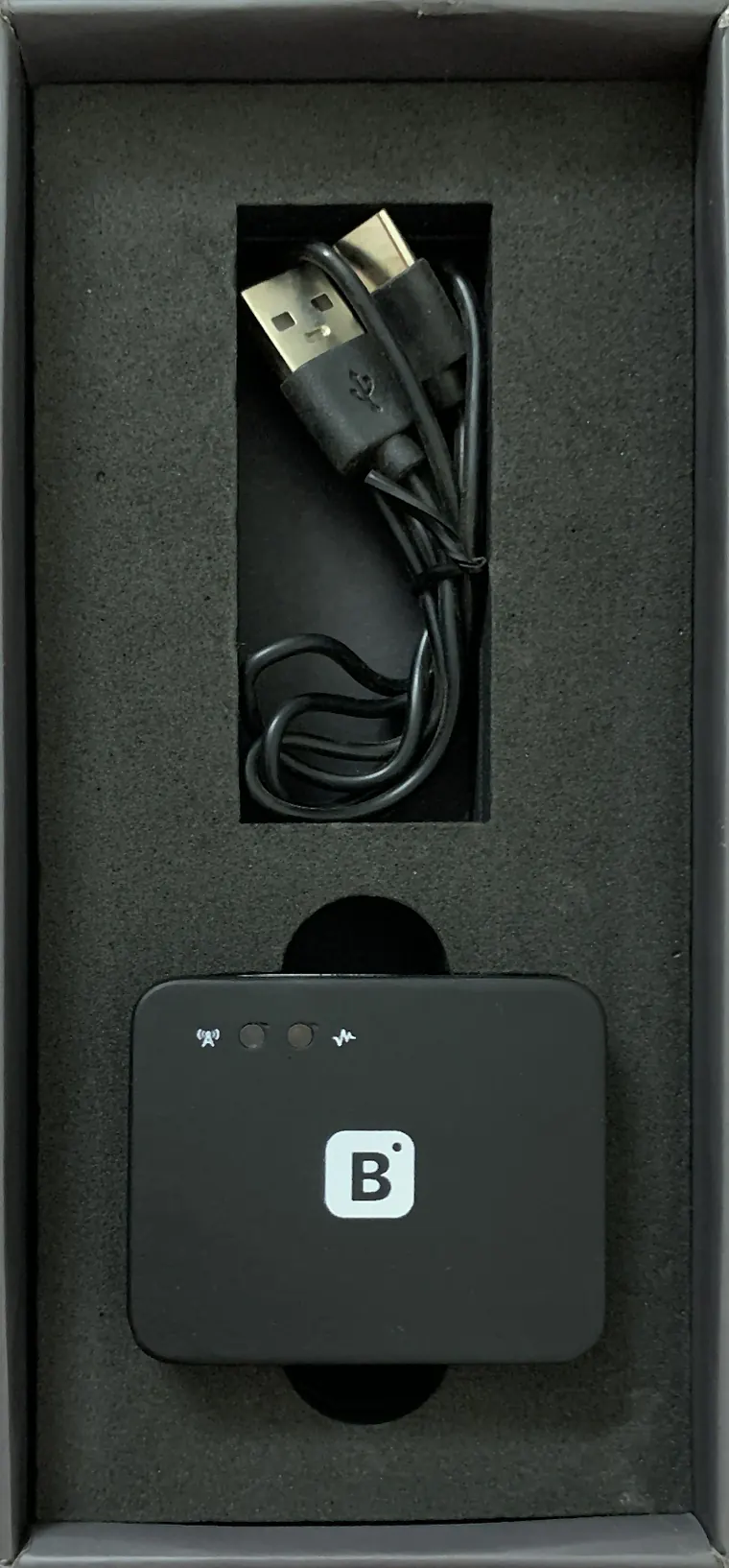 The open Blync Pulse box: the device in its foam slot, with the USB Type-C cable in the compartment above it.